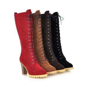 Botas ymechic outono britânico cruzado amarrado renda por longa gladiator botas mulheres vermelhas bloco preto salto alto salto de moto motociclista botas sapatos 40