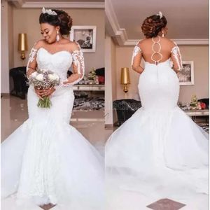 2022 Abiti a sirena con perline Maniche lunghe Appliques Perle Abiti da sposa africani Plus Size Vestido De Noiva Bc3027