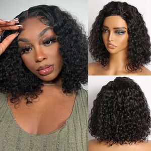 Starmo Wear Go Glueless Plucked Pre Cut Curly 4x4 Stängning Våt och vågiga peruker Spetsen Front Bob Wig Human Hair For Women Black 10 Inch