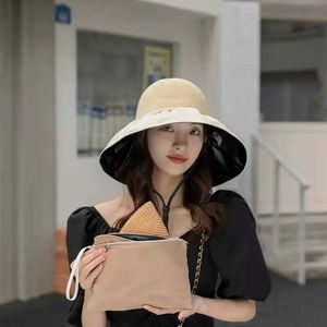 Wide Brim Hats Bucket Hats Womens Sun Hat Foldable Straw Bucket Hat Womens Summer Bucket Hat Wide Brown Beach Hat Round Top Patch Work UV Travel Fisherman Hat J240325