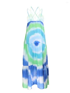 Casual Dresses Women Slip Long Dress Sleeveless Backless Tie-up Tie-dye Print Summer Spring Swing