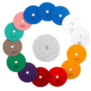 Polijstpads Shgo Hot15pcs Conjunto de almofadas de polimento de diamante úmido de 4 polegadas de 50 a 3000 Grit Hook Loop Backing Discos de lixa para granito, concreto e mármore