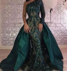 Hunter Green Mermaid Prom Dresses Sexy One Shoulder Long Sleeves Dress Evening Wear Satin Sparkly Sequins Special Occasion Dress