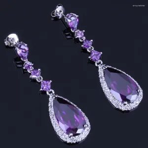 Dangle Earrings Precious Long Water Drop Purple Cubic Zirconia White CZ Silver Plated V0782