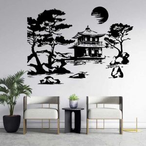 Stickers Asia Japan Culture Nature Pagoda Building Tree Vinyl Wall Sticker Tea House Man Cave Home Bedroom Decor Decal Unique Gift R18