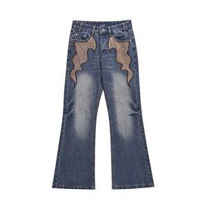 High Street American Alev Yaması Mikro Boynuz Tasarım Hisset Kot pantolon için Mens Street Hip Hop Renk Kontrastı Ek bir ekleme Pantolon 210427