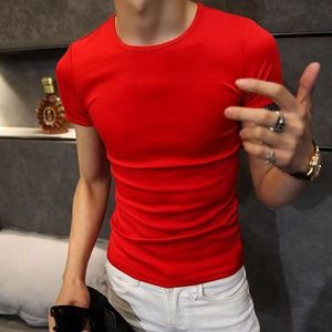 Summer short sleeved T-shirt, men's solid color slim fit base shirt, pure cotton half sleeved men's T-shirt, tight fitting white trendy baby
