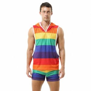 Mäns uppsättningar Rainbow Hooded Men's Tank Tops Mesh Breattable V-Neck Vests Men Shorts Streetwear Tops Tee Sports Fitn Singlets E5GT#