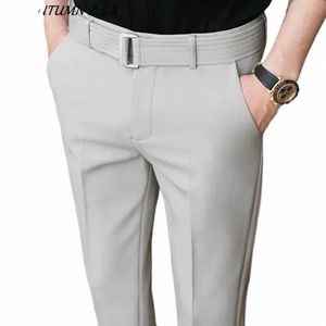 Frühling und Sommer Fi Hosen Slim Anzug Hosen mit Gürtel Herrenhosen Casual Busin Hosen Pantal Hombre Herrenbekleidung K6YV #