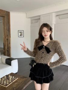 Work Dresses Sweet Girl Suit Women's Winter Bow V-Neck Knitted Cardigan Velvet Fluffy Mini Skirt Two-piece Set Fashion Female Clothes