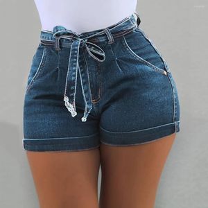 Kvinnors shorts sommarfickor jeans kvinnlig denim casual dragstring elastisk midja frayed hem stretch korta byxor för kvinnor
