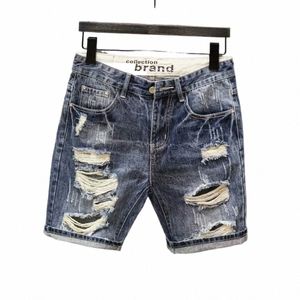 Pantales Cortos de Mezclilla Sueltos Rectos Para Hombre, Ropa de Calle de Moda Coreana, Pantales Vaqueros Ajustados Azules, Pantales Cortos V Z5o5#