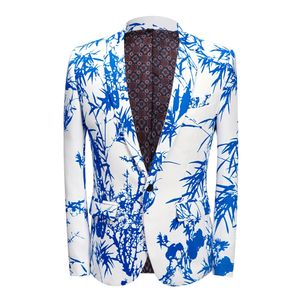 Mens Party Casual Blazer Print Blue Bambu Mönster Design Slim Fit Mens Clothing Printed kostym Jacket Mens Wedding Dress Coat 240318