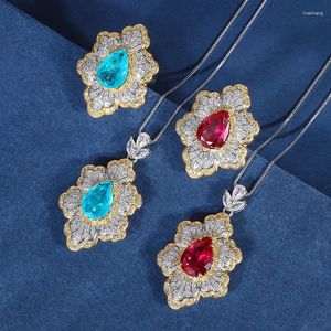 Collana orecchini set design floreale a forma di goccia rosso rubino zircone cubico imitazione blu paraiba pendente con pietra preziosa anello regolabile gioielli