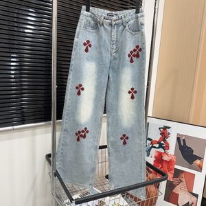 New Embroidered Fashion Versatile Jeans Straight leg Pants Women's Blue