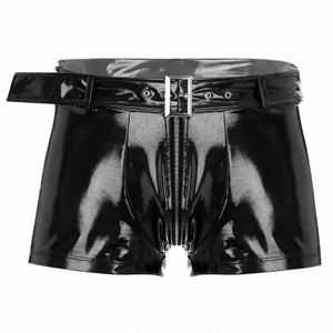 Män våt Look Patent Leather Shorts med Belt Sexig dragkedja Crotch Boxer Underwear Nightclub Pole Dancing Show Hot Pants Nightwear Z8Z8#