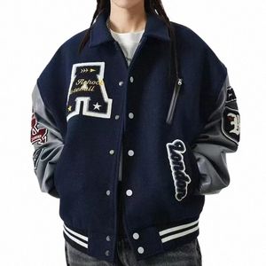 Amerikanische Brief Stickerei Bomberjacke Männer Frauen Herbst Winter Leder Ärmel Patchwork Mantel Unisex Varsity Baseball Outwear L7np #