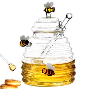 Barattoli di vetro a nido d'ape Serbatoio di miele Barattolo di miele Dispenser di miele di vetro trasparente con mestolo e coperchio Bottiglia di miele per cucina Bar Cottura al forno