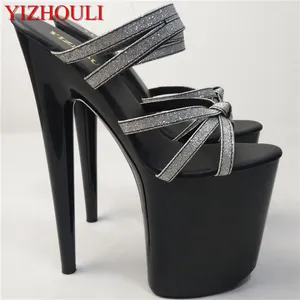 Dans Ayakkabıları Moda 8 inç Heal Seksi Kadınlar için Siyah Rhinestone Terlik Peep Toe Clubbing Egzotik