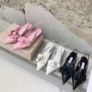 Top quality Flowers slingback pumps heels Leather pointed toes Kitten heels dress shoes Luxury designer Dinner party shoes White Black pink With box