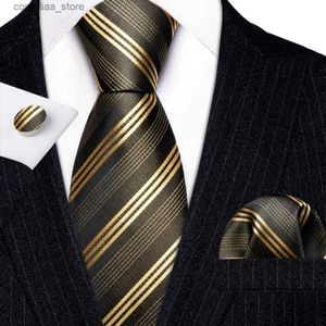 Cravatte Cravatte Cravatte di lusso per uomo Oro Marrone a righe Blu Nero Rosso Verde Viola Cravatta in seta Fazzoletto Gemelli Set BarryWang 6146 Y240325