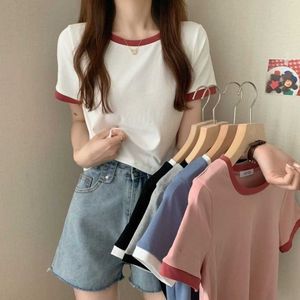 Farbe Blockieren Rundhals Kurzarm T-shirt für Frauen 2024 Sommer Basis Shirt Koreanische Version Slim Fit Student Trend