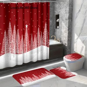 Gardiner 2023 Julserie 3D -tryckning Dusch Curtain Festival Polyester Waterproof Red Bell Floor Mat Toalettuppsättning Badtillbehör