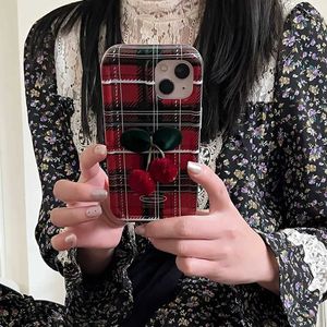 Cell Phone Cases Korean Japan 3D Photo frame Grid+Cherry Pendant Phone Case For iPhone 13 15 Pro Max 12 14 Pro 11 Girl Gift Cute Silicone Cover H240326