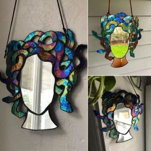 Mirrors Stained Glass Medusa Mirror | Durable Colorful Medusa Decorative Pendant | Home Garden Courtyard Balcony Decoration for Party We