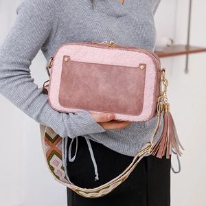 Shoulder Bags Vintage PU Leather Splicing Fleece Lamb Down Bag Tassels Wide Strap Small Square Handbag Tote Purse For Lady Shopping