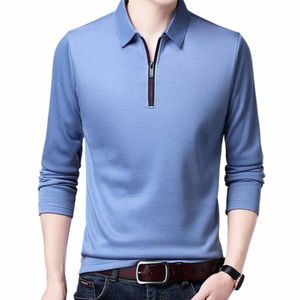 FI Men Busin Shirt Lapel dragkedja halsringning LG Sleeve Pullover Topps Spring Autumn Slim Fit Work T-shirt R4QO#