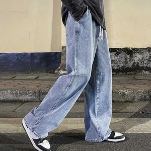 Men's Jeans Korean fashion mens luggage jeans elastic waist classic olive straight leg denim wide leg pants mens light blue grayL2403