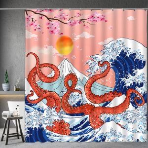Азиатская занавеска для душа, японская традиционная черно-белая гора Фудзи, вишневый цвет, рыба, волны, красное солнце, осьминог, украшение для ванной комнаты