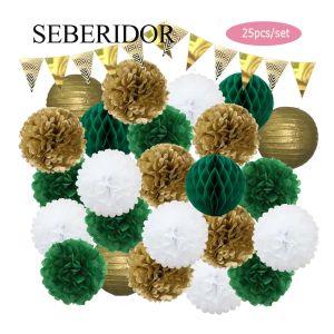 Dekoration julfest gynnar guldgrön set hängande rund papper lykta banner bikakan boll för barn pojke tjej dop bröllop dekor