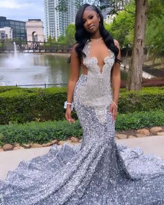 Silver Sparkly Long Trumept Prom Formal Ceremony Dresses For Black Girl 2024 Luxury Diamond Velvet Evening Birthday Dress