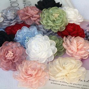 Flores decorativas 10 Pçs/lote 5.5 CM Organza Chiffon Tecido Cored Artificial Rosa Gaze Flor Para Vestido de Noiva Chapéus Decoração DIY Costura