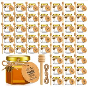 Barattoli 60PCS Mini vasetti di miele in vetro esagonale Piccoli vasetti di miele Barattoli di miele con coperchi dorati per baby shower, matrimoni e bomboniere