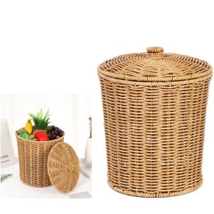 Baskets Rattan Waste Basket with lid Planter Woven Storage Baskets Wicker Wastebasket Garbage Container bin for Bedroom Home Toy Basket