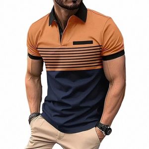 busin Men's Polo T Shirt Summer Short Sleeve Clothing Fi Stripe Print Street Casual Butts Tops Oversized Pullover L01N#