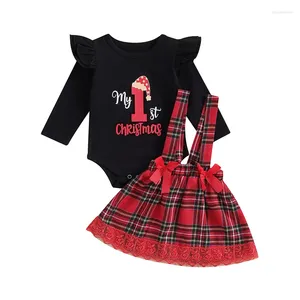 Set di abbigliamento Il mio primo Natale Baby Girl Outfit Pagliaccetto a maniche lunghe Top Stampa alce Gonna scozzese con bretelle Set di fasce Abiti natalizi