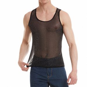 Män glänsande mesh muskelväst sexig seugh-through underhirt manlig gymmet fitn tank tops mjuk transparent undertröja ärm t-shirt 61J6#