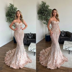 Luxury Mermaid Evening Dresses For Women Strapless Sleeveless Gowns Appliques Feather Dress For Party Custom Made