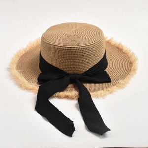Ampla borda chapéus balde chapéus mulheres verão chapéu de palha preto e branco fita arco protetor solar chapéu de praia mulheres ao ar livre dobrável feriado chapéu de sol j240325