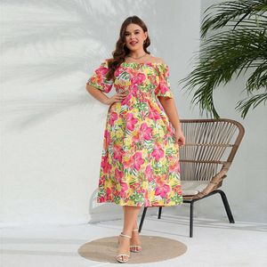 New Oversized Stylish One Line Neckline Floral Temperament, Mid Length Skirt With A Waistband And Chubby Sister Dress 263232