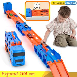 Caminhão dobrável ejeção brinquedo carro recipiente transportador reboque pista dupla corrida para criança presente modelo liga 240313