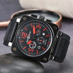 New Mens Watch Quartz 시계 벨 브라운 가죽 검은 고무 스트랩 Ross 6 Hands 3366