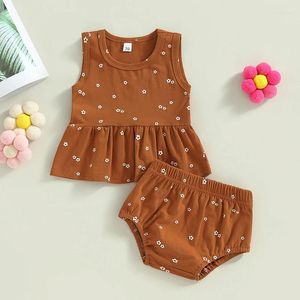 Conjuntos de roupas para bebês meninas roupa de verão babados bainha floral sem mangas regatas e shorts casuais elásticos conjunto