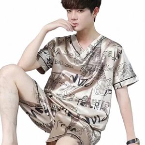 new Summer Men's Pajamas Silk Satin Pullover Shorts Two Piece Set Sleepwear Male Pajama Home Clothes Nightwear Men Sleep Lounge 87Wu#