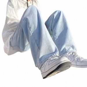 Korean FI Herrens baggy jeans klassiska all-match fast färg rakben denim bredben byxor manlig ljusblå grå svart t9x3#