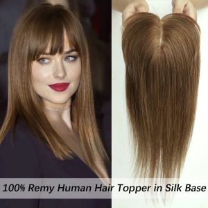 トッパーバン10/12/14 ''チョコレートブラウン100％レミーヒューマンヘアトッパーウィッグ女性用シルクベースクリップのヘアピース